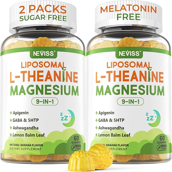 Liposomal L-Theanine 200mg Magnesium Glycinate 400mg Gummies with GABA 5HTP Apigenin Vitamin B6 &amp D3 Ashwagandha Lemon Balm Leaf Melatonin Free Sleep Chewable for Relax Mood &amp Muscle 2