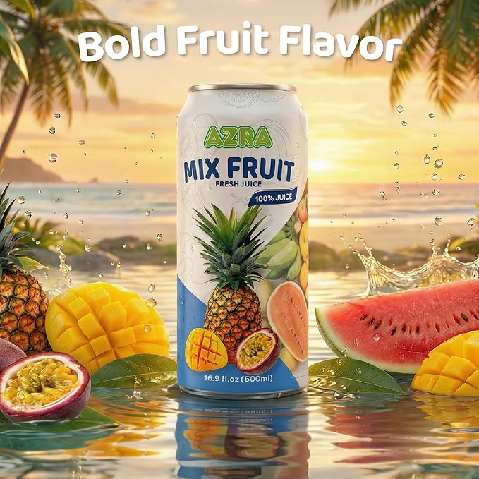 AZRA 100% Mix Fruit Juice – 500ml Canned Drinks Healthy Beverages Variety Pack – Zero Sugar Juice Fruit Punch for Kids and Adults – Bulk 100% Juice Pack 12 Count