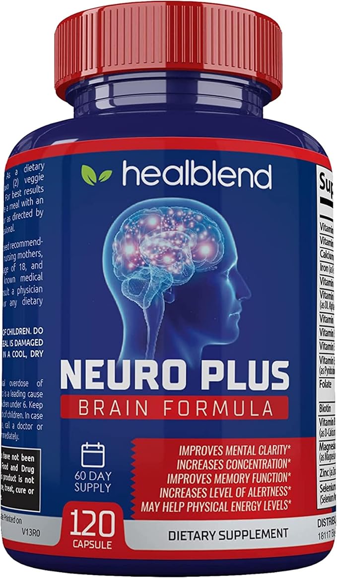 Neuro Plus Brain &amp Focus Formula - Nootropic Brain Booster Supplement Supports Brain Health Mental Clarity &amp Focus - Enhances Concentration &amp Mental Energy – 120 Capsules (1)