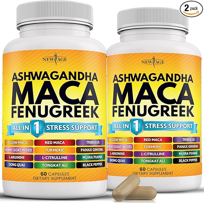 NEW AGE Ashwagandha Maca Root Fenugreek Supplement with Tongkat Ali Ginseng - Support Health - Made in USA - 120 Count