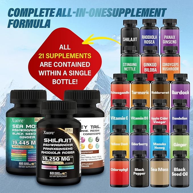 ShilajitSea Moss Black Seed OilMushroom &amp Herb Supplement with Lions Mane Turkey Tail Reishi Cordyceps Chaga Ashwagandha Ginger Rhodiola Rosea &amp Panax GinsengAll in One Supplement.
