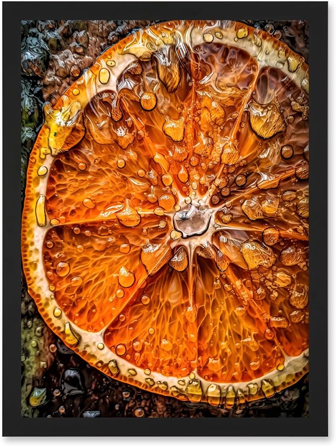Artery8 Orange Slice with Juice Droplets Macro Painting Artwork Framed A3 Wall Art Print