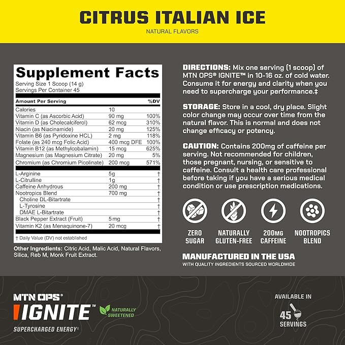 MTN OPS Ignite Energy Drink Powder Naturally Gluten Free &amp Sweetened with Monk Fruit Nitric Oxide Supplement Drink Mix Caffeine &amp Nootropic Sugar Free Drink Mix 45 Servings Citrus Italian