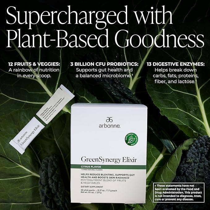Arbonne GreenSynergy Elixir – Citrus-Flavored Greens Powder with 13 Digestive Enzymes Vegan Collagen Builder Probiotics and Prebiotics – Supports Gut Health and Digestion – 30 Stick Packs