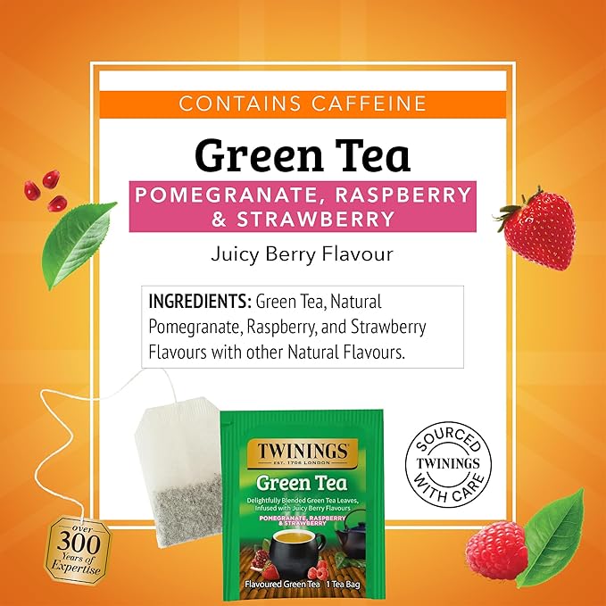 Twinings Green Tea with Pomegranate Raspberry &amp Strawberry Individually Wrapped Bags 20 Count (Pack of 1) Caffeinated Enjoy Hot or Iced 20 Teabags