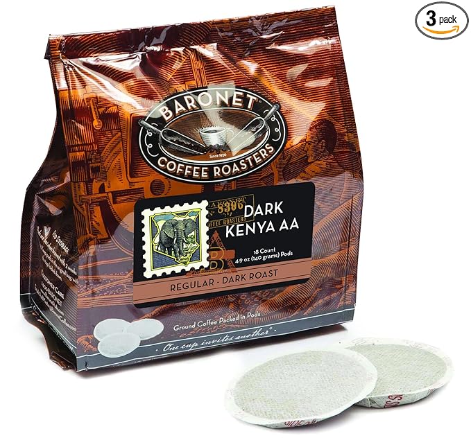 Baronet Coffee Pods [Dark Kenya AA-54 Pods] Single Cup Use for Senseo Machine - 3 Bags of 18 Single Serve 8 Gram Regular Strength Medium Roast [Dark Kenya AA]