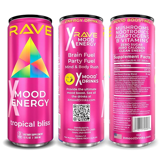 RAVE Mood Energy Drink is Mind Blowingly Different. With Mood-Boosting Functional Mushrooms Nootropics Adaptogens &amp B Vitamins. Experience Mind &amp Body Rush! 225mg Caffeine - Electrolytes - Z