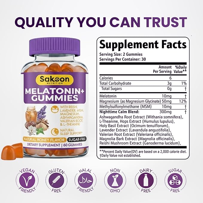 Sakoon nutrition Melatonin Gummies for Women &amp Men | 10mg Melatonin Plus Gummies with Sugar Free Natural Honey Flavor | Reishi Magnesium &amp L-Theanine | Vegan Halal Sleep Support | 60 Count