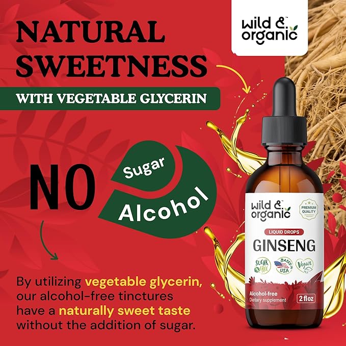 Wild &amp Organic Korean Red Ginseng Extract Drops - Panax Ginseng Supplement for Immune Support - Liquid Root Tincture for Overall Well-Being - Vegan Sugar &amp Alcohol-Free - 2 fl oz