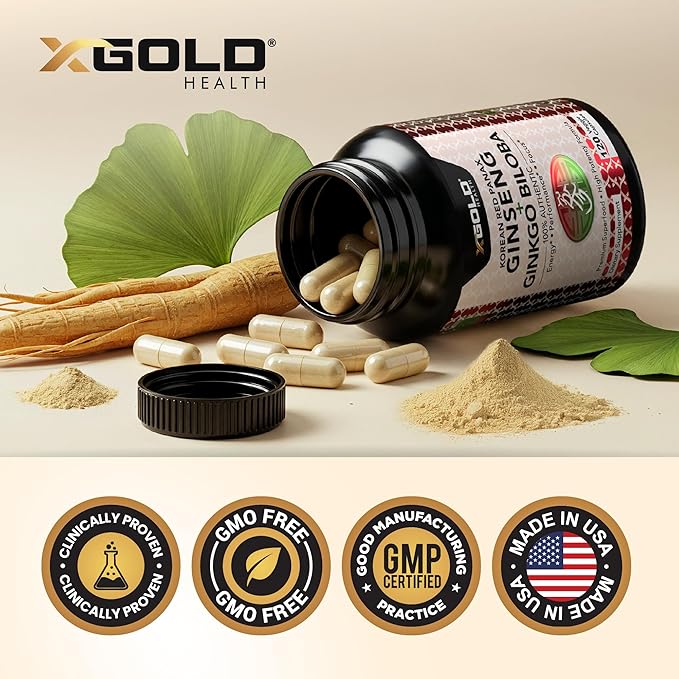 X Gold Health Korean Red Panax Ginseng + Ginkgo Biloba – 7% Ginsenosides Extra Strength – Energy Memory Focus &amp Brain Support – Premium Supplement for Men &amp Women – Non-GMO 120 Vegan Capsul