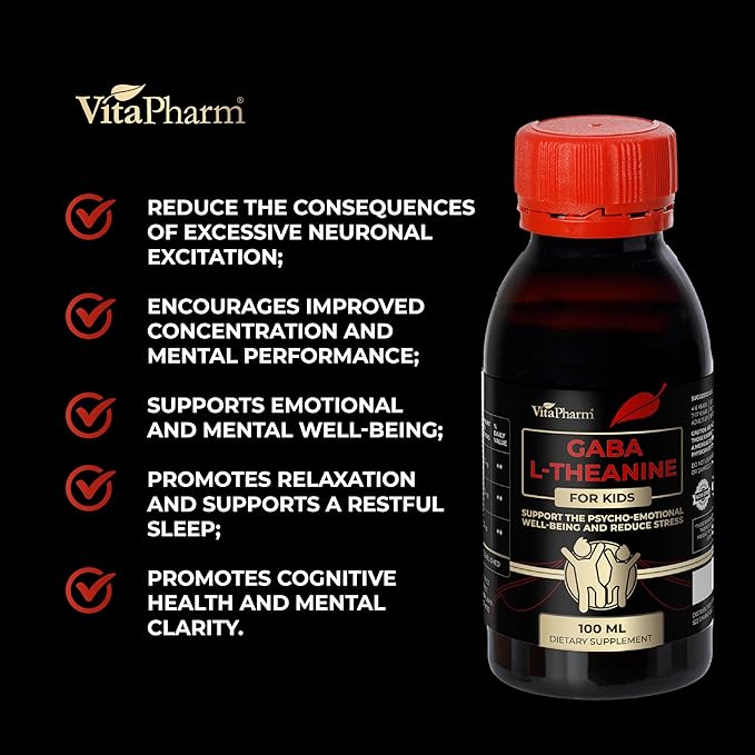 GABA L-Theanine Supplement for Kids - Liquid GABA with Vitamin B6 - Supports Emotional Well-Being Stress Relief Relaxation and Cognitive Health - 100 ml Non-GMO L-Theanine Liquid Formula
