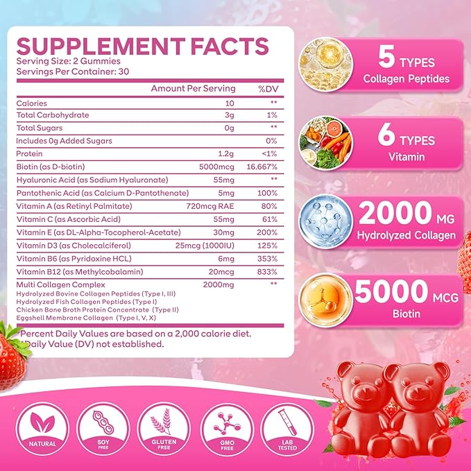 Collagen Gummies for Women &amp Men Hydrolyzed Collagen Peptides(Type I II III V X) with Biotin Hyaluronic Acid MultiVitamins Supports Healthy Skin Thick Hair &ampStrong Nails Sugar Free