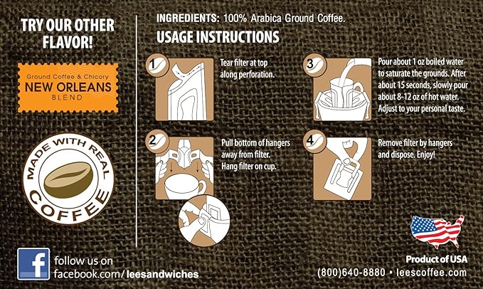 Lee's Coffee Pourover Fresh Ground Filter Packs Parisian 50 Count