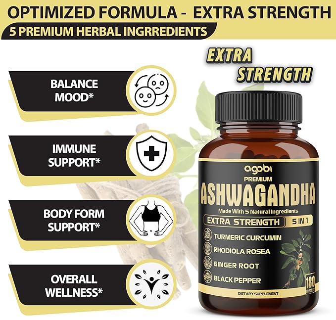 5in1 Premium Ashwagandha Capsules - Added Turmeric Rhodiola Rosea Ginger Black Pepper - 180 Caps for 6 Months