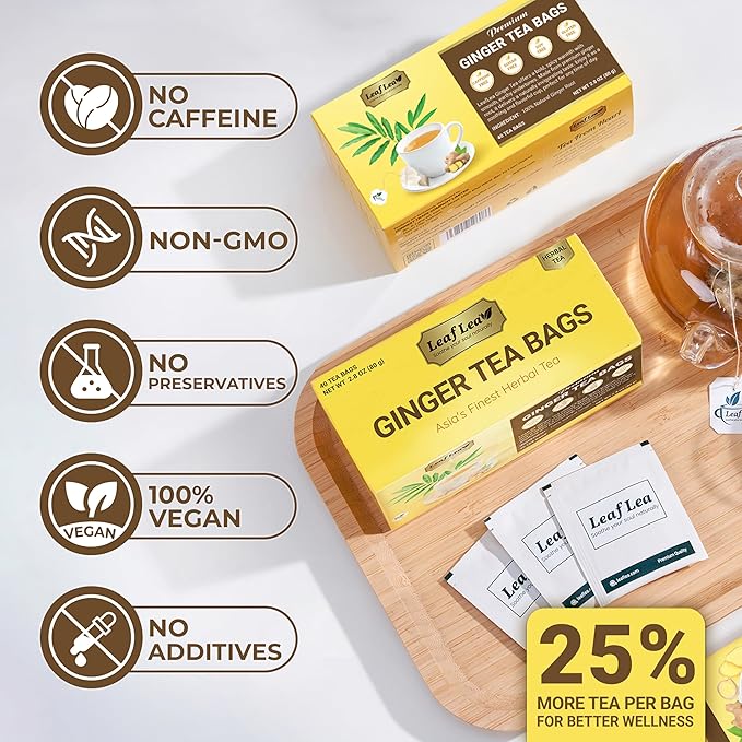 LeafLea 100% Pure Ginger Root Tea Bags – Spicy &amp Warming Herbal Tea Supports Digestion &amp Immune Health Individually Wrapped Non-GMO Caffeine Free Sugar Free No Gluten