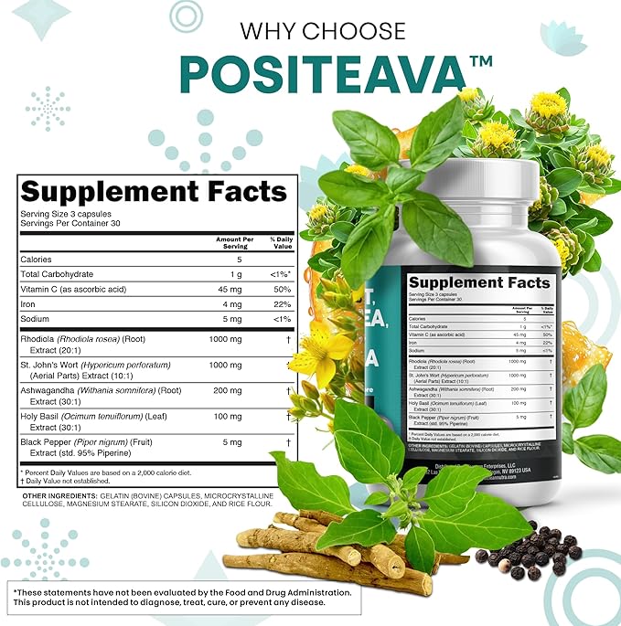 Clean Nutraceuticals St Johns Wort Rhodiola Rosea Holy Basil Ashwagandha - Mood Support for Women and Men with Vitamin C &amp Black Pepper Extract - 90 Caps
