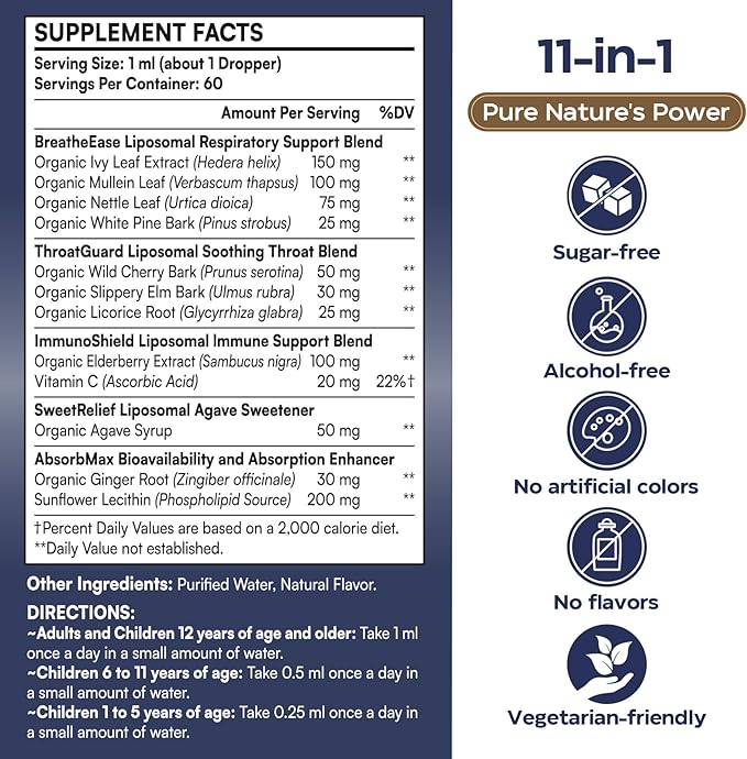 11-in-1 Liposomal Respiratory Relief Drops - Mullein Drops for Lungs with Elderberry Licorice Root - Support Lung Cleanse and Mucus Relief - Suitable for Kids and Adults (1 Pack)