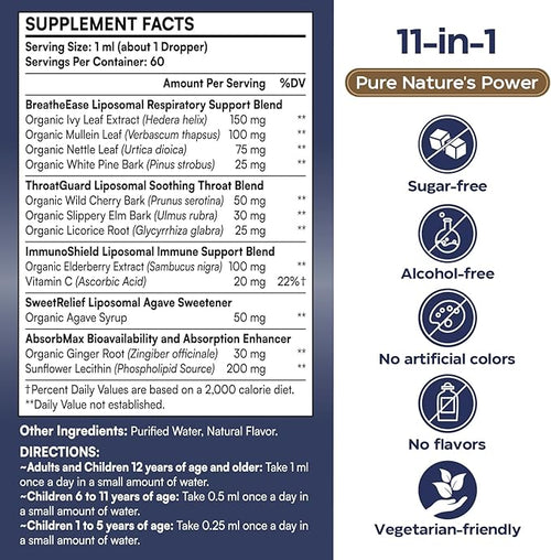 11-in-1 Liposomal Respiratory Relief Drops - Mullein Drops for Lungs with Elderberry Licorice Root - Support Lung Cleanse and Mucus Relief - Suitable for Kids and Adults (1 Pack)
