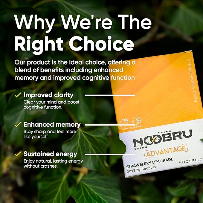 Noobru Аdvantage Nootropic - Delicious Nootropics Brain Supplement with 11 Active Ingredients - Natural Cognitive Enhancer - 20 Strawberry Lemonade Sachets - 1 Month Supply 20 Count (Pack of 1)