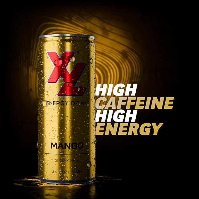 XL Energy Drinks Sugar Free Mango Energy Drink 24 pack with 80mg Caffeine and 100 mg Taurine with B Vitamins - Boost Focus and Energy with Zero Sugar Low Calorie Energy Drinks - 250 ml (8.4 Oz) Mango