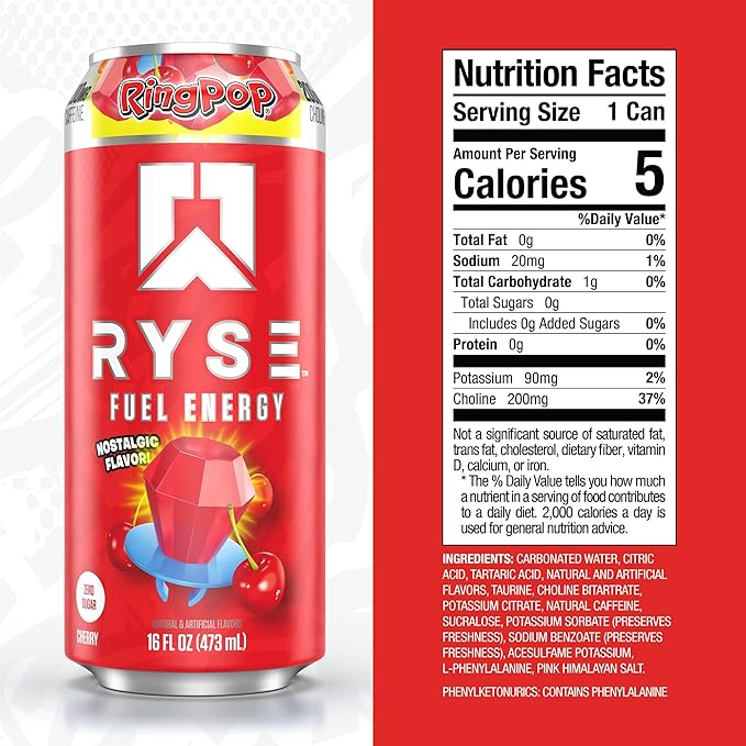 RYSE Fuel Energy Drink - Ring Pop Cherry - Sugar Free Gluten Free &amp Vegan - 200mg Natural Caffeine Taurine &amp Choline for Focus &amp Energy - No Artificial Colors - 16 fl oz Cans (12-Pack)