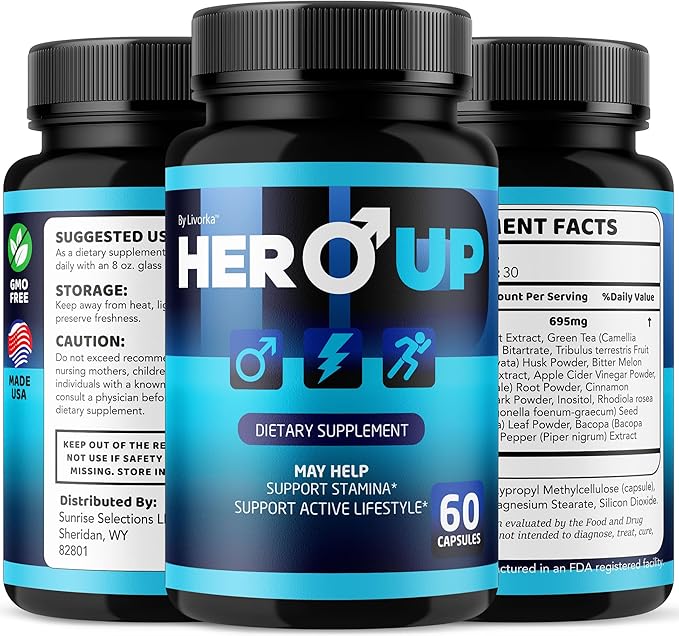 (2 Pack) Hero Up Capsules - Official HeroUp Supplement Pills for Men - Maximum Strength Energy Support All Natural Hero Up Vitamins Support for Overall Health &amp Wellness 120 Capsules for 2 Month