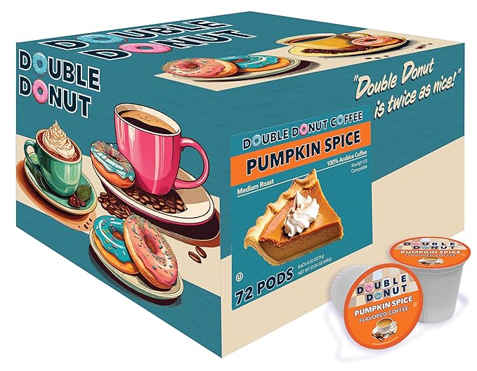 Double Donut Coffee Pumpkin Spice Coffee Pods Medium Roast Coffee Compatible with Keurig K Cups Brewers 72 Count