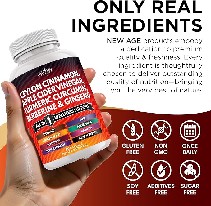 Ceylon Cinnamon Turmeric Apple Cider Vinegar Ginseng Aloe Vera Berberine Plus Banaba Ginger Root - 180 Count