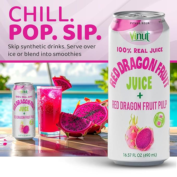 VINUT 100% Red Dragon Fruit Juice with Pulp (Pitaya) No Added Sugar Not From Concentrate 16.57 fl oz (490 mL) Can Pack of 6