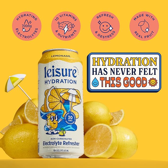 Leisure Hydration Non-Carbonated Electrolyte Refresher Lemonade Flavor - Low Sugar Nutrient Enhanced Water Beverage - Get The Best Hydration Packed w/ Magnesium &amp Ashwagandha For Mood &amp Stres