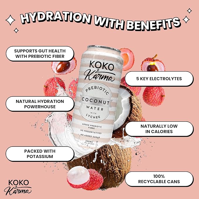 Koko &amp Karma – Prebiotic Coconut Water with Lychee – All Natural with No Added Sugars Pure Coconut Water &amp Lychee Juice – 12 Pack - 16.9 Ounce Cans
