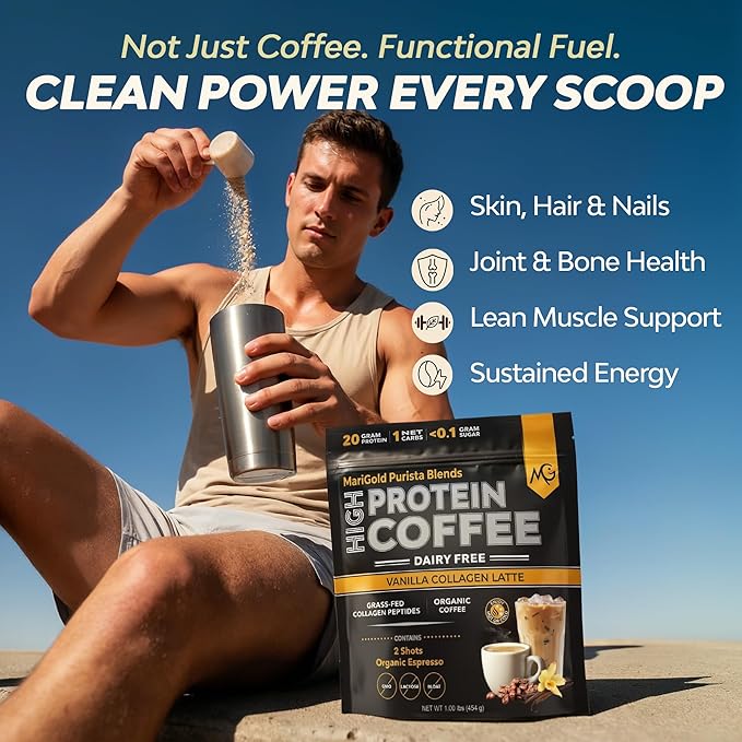 MariGold High Protein Collagen Coffee - Vanilla Collagen Latte Dairy Free 20g Grass-Fed Type I &amp III Collagen Peptides Energy Boost 2 Shots Organic Espresso Non-GMO 1 Lb Bag 15 Servings