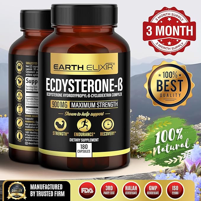 Earth Elixir Ecdysterone Supplements 900mg (180Capsules) – Made in USA - Muscle Building Supplements for Men w/ 95% Beta Ecdysterone w/Hydroxypropyl-β-Cyclodextrin for Enhanced Bioavailability