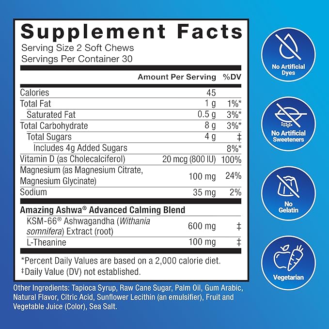 Force Factor Amazing Ashwa Complete Calm Support KSM-66 Ashwagandha Like Ashwangandha Gummies to Promote Calm &amp Relaxation with Magnesium &amp L-Theanine Blueberry Pomegranate 180 Soft Chews