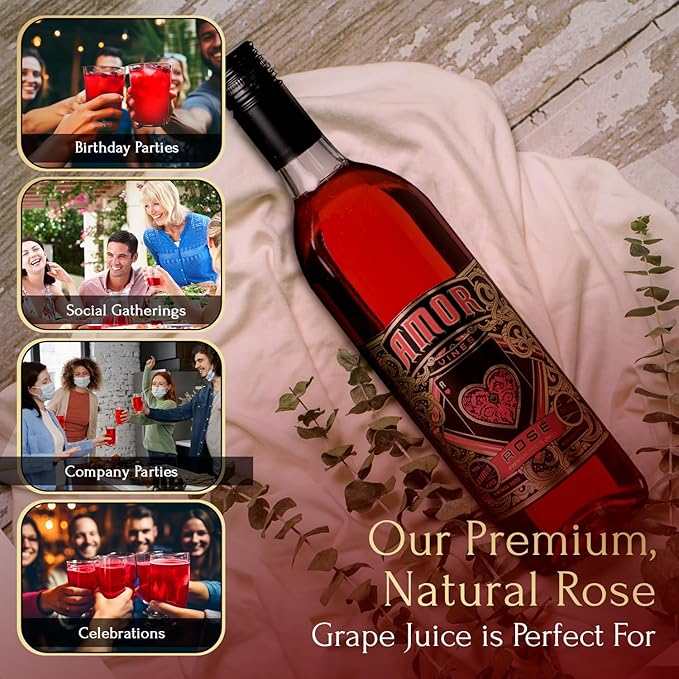 Amor Vines: Rosé Grape Juice – 100% Pure Non-Alcoholic No Water Added Preservative-Free – 750ml Glass Bottles (Pack of 6)