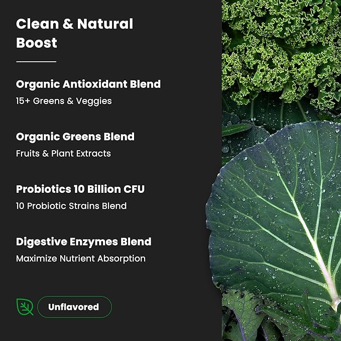 NutraChamps Super Greens Powder Premium Superfood | 20+ Organic Green Veggie Whole Foods | Alfalfa Spirulina Chlorella &amp More | Antioxidant Digestive Enzyme &amp Probiotic Blends | Unflavored