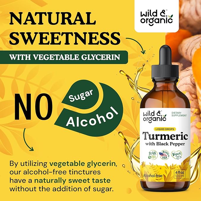 Wild &amp Organic Turmeric Tincture - Turmeric Curcumin with Black Pepper Extract - Mobility Support Supplement - Curcumin Root Liquid Drops - Vegan Sugar &amp Alcohol-Free - 4 fl oz