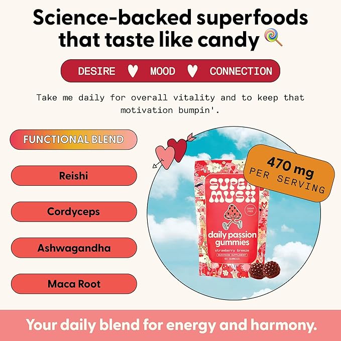 SuperMush Horny Goat Weed Gummies - Horny Goatweed for Men &amp Women with Cordyceps Reishi &amp Maca Root - Maximize Blood Flow Ignite Feel-Good Vibes &amp Lasting Energy