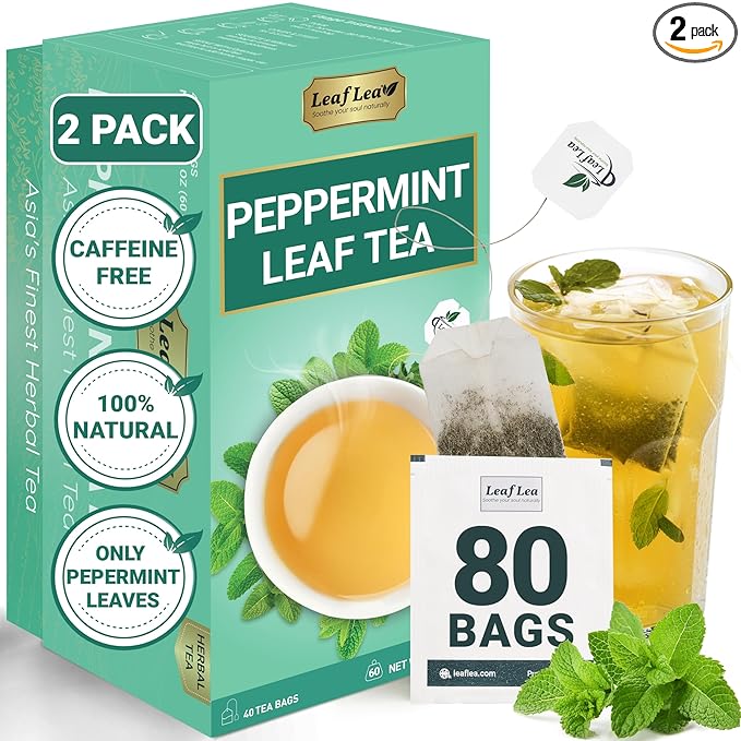 LeafLea 80 Premium Peppermint Tea Bags 100% Natural Peppermint Leaf Tea Te de Menta for Soothing Throat &amp Refreshing Breath Light and Smooth Flavor Caffeine-Free Sugar-Free Individually Wrap