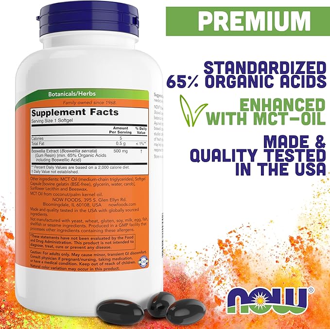 Now Boswellia Serrata Extract 500 mg 200 Softgels - Gum Resin in MCT Oil Base - Herbal Supplement