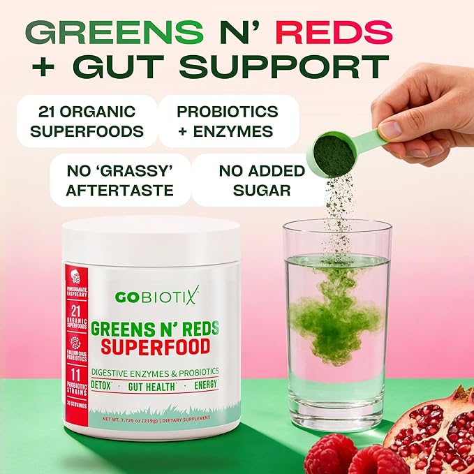 GOBIOTIX Super Greens Powder with Organic Spirulina - Superfood Supplement with Fruit Blend Probiotics and Enzymes for Digestive Health - Vegan Non-GMO - 30 Servings (Pomegranate Raspberry - 1 Pack)