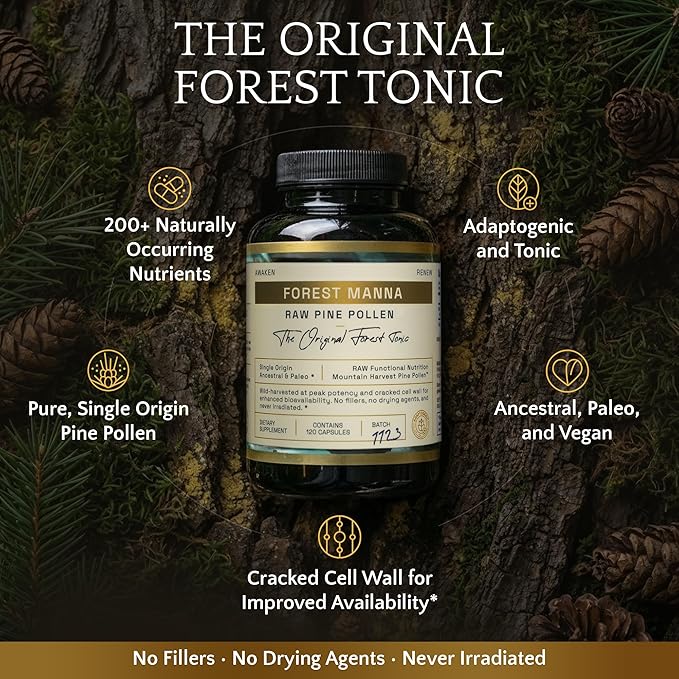 Forest Manna RAW Pine Pollen Capsules – Adaptogenic Functional Nutrition – Single Origin Pine Pollen – Vegan Gluten-Free &amp Non-GMO – 120 Capsules