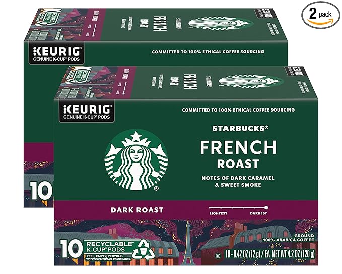 Starbucks Coffee K-Cup Pods French Roast Dark Roast Ground Coffee K-Cups for Keurig Brewers 100% Arabica Coffee 10 CT K-Cup Pods/Box (Pack of 2 Boxes)