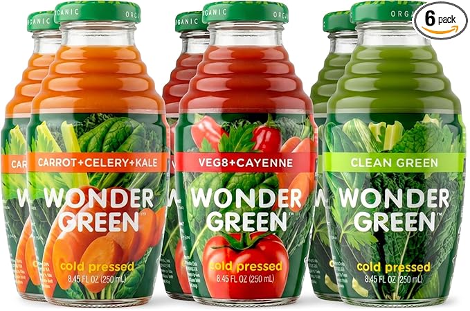 Wonder Green 100% Organic Cold Pressed Juice Variety Pack  8.45 oz (6 Pack) | 2 Veg8 + Cayenne 2 Clean Green 2 Carrot Celery Kale | Vegetable Juice Blend All Natural No Additives or Preservativ