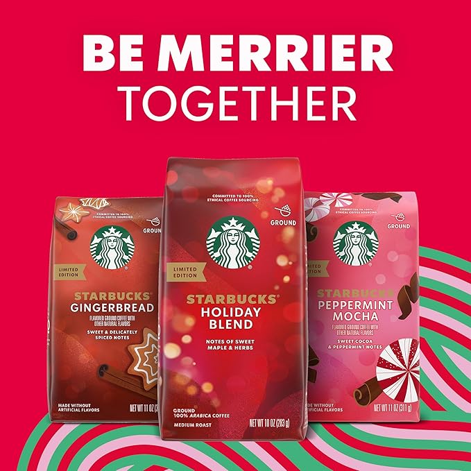 Starbucks Ground Coffee Peppermint Mocha Naturally Flavored Coffee 100% Arabica Limited Holiday Edition 6 Bags (11 Oz Each)