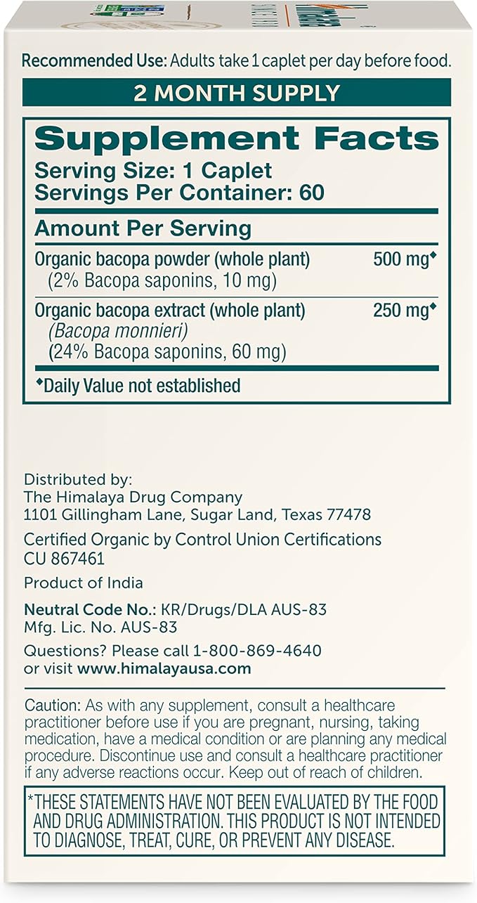 Himalaya Organic Bacopa Monnieri Nootropic Herbal Supplement Supports Calm Memory Cognition USDA Certified Organic Non-GMO 750 mg 60 Plant-Based Caplets 60 Day Supply