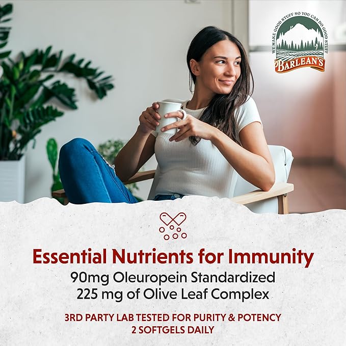 Barlean's Olive Leaf Complex Softgels Immune Support Supplement with 90 mg Oleuropein Antioxidants Concentrated Heart Health and Immunity Booster Pills 60 Count