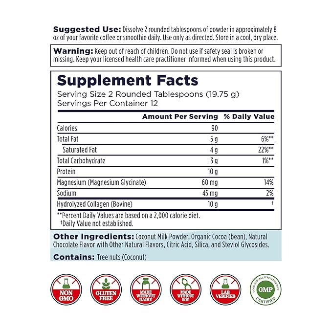 KAL Collagen Creamer Mocha Flavor Keto Coffee Creamer with Coconut Milk Powder Hydrolyzed Collagen Powder Magnesium Glycinate Non Dairy Creamer 60-Day Guarantee 12 Servings 8.36 oz