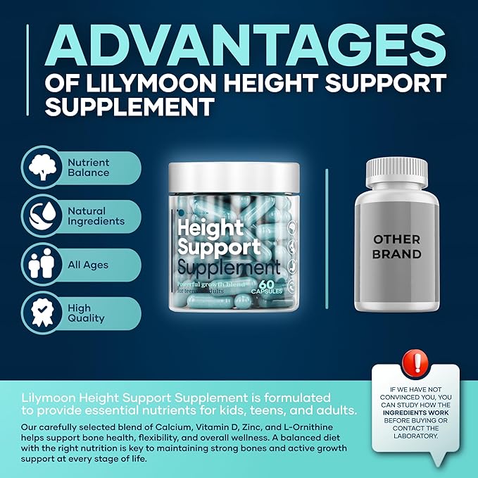 Height &amp Bone Support Supplement - Premium Height Growth Supplement for Kids &amp Teens with Calcium - Nutritional Support Bone Health Formula - Height Increase Essential Vitamins - 60 Caps