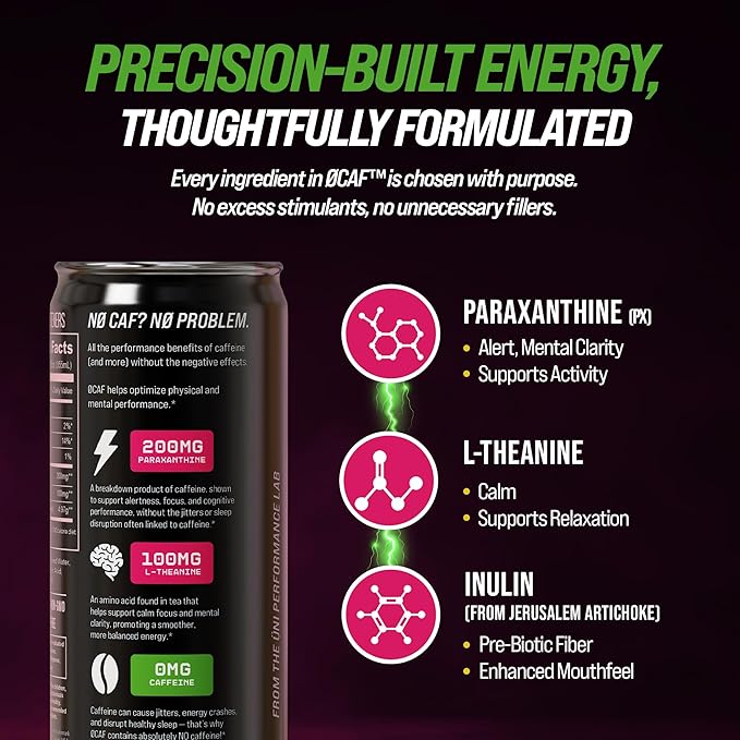 ØCAF Energy Drink with Paraxanthine – Raspberry Passionfruit Flavor – Caffeine Alternative for Focus &amp Alertness – No Jitters No Crash Better Sleep – 12 fl oz (Pack of 12) – Performance Energy